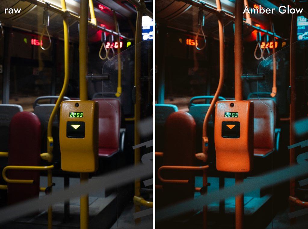 Photo of the night bus interior before and after editing with Lightroom Preset Amber Glow from Cinematic Atmosphere Preset Collection