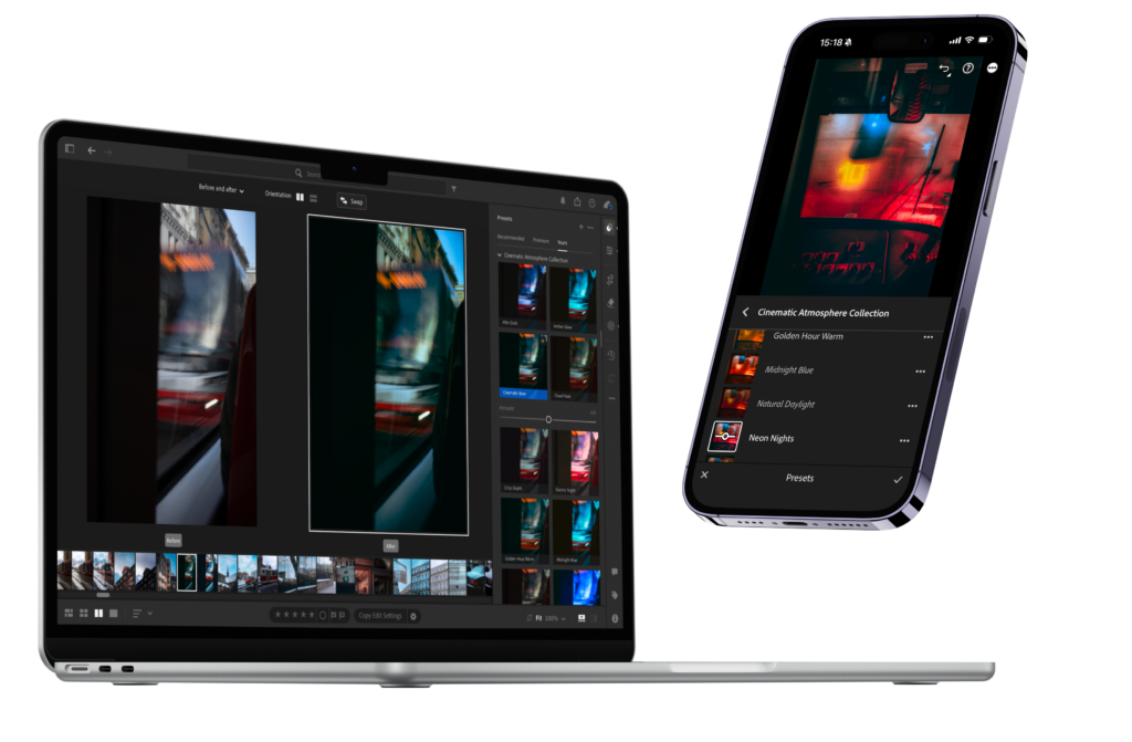 mockup of iPhone and MacBook with Lightroom and presets from Cinematic Atmosphere Preset Collection