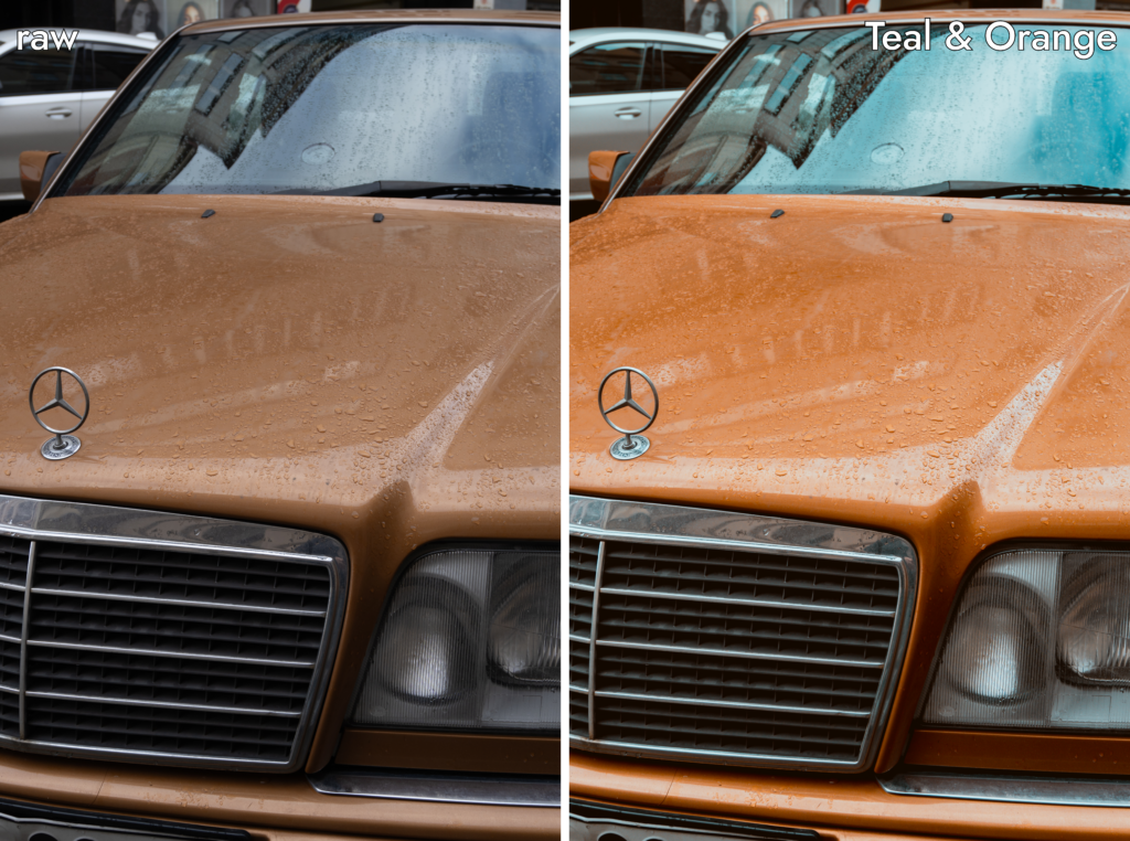 Vintage Mercedes before and after editing in Lightroom with Teal & Orange preset from Cinematic Atmosphere Preset Collection