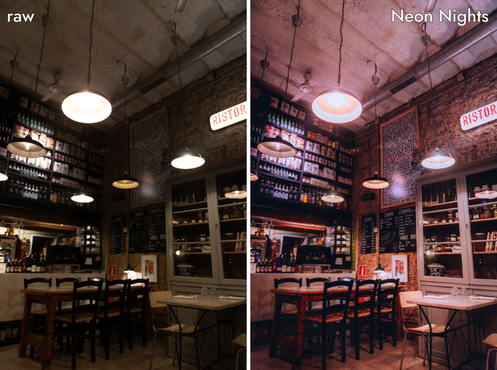 Restaurant interior before and after editing in Lightroom with preset Neon Nights from Cinematic Atmosphere Preset Collection