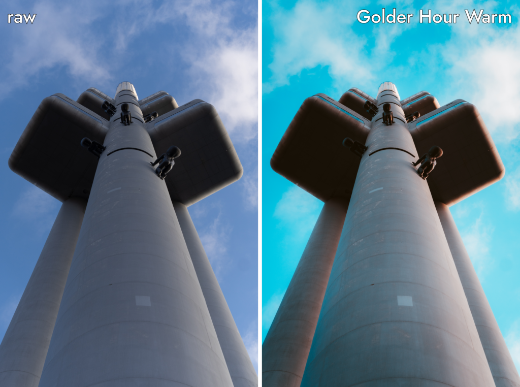 Zizkov tower before and after editing in Lightroom with Golden Hour Warm preset from Cinematic Atmosphere Preset Collection