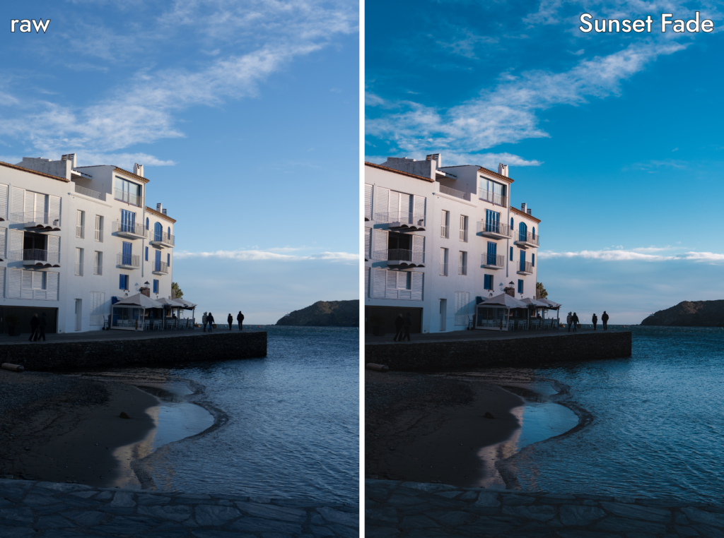 Coastline before and after editing in Lightroom with Sunset Fade preset from Cinematic Atmosphere Preset Collection