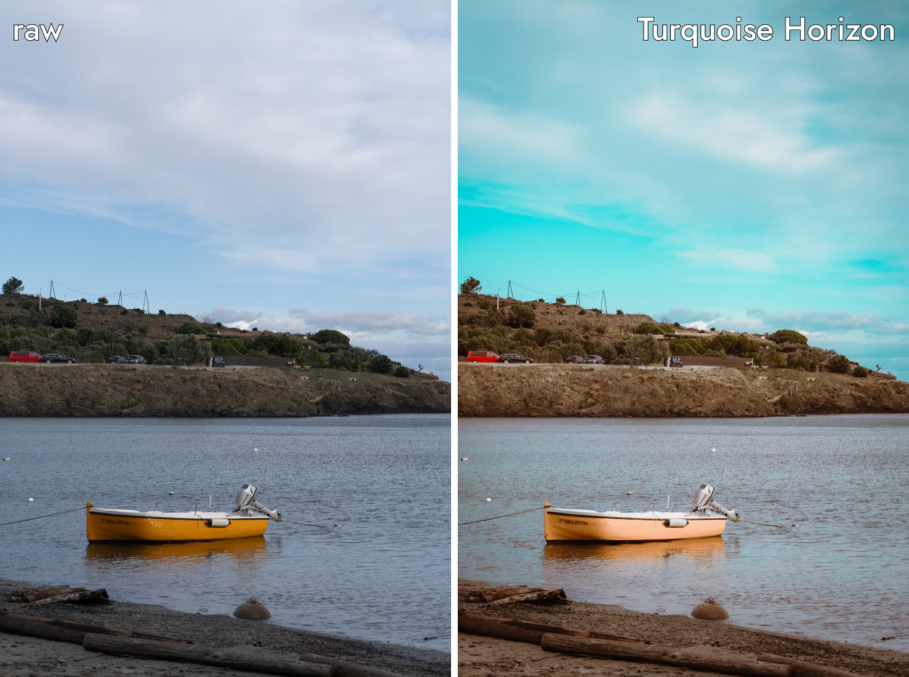 Coastline before and after editing in Lightroom with Turquoise Horizon preset from Cinematic Atmosphere Preset Collection