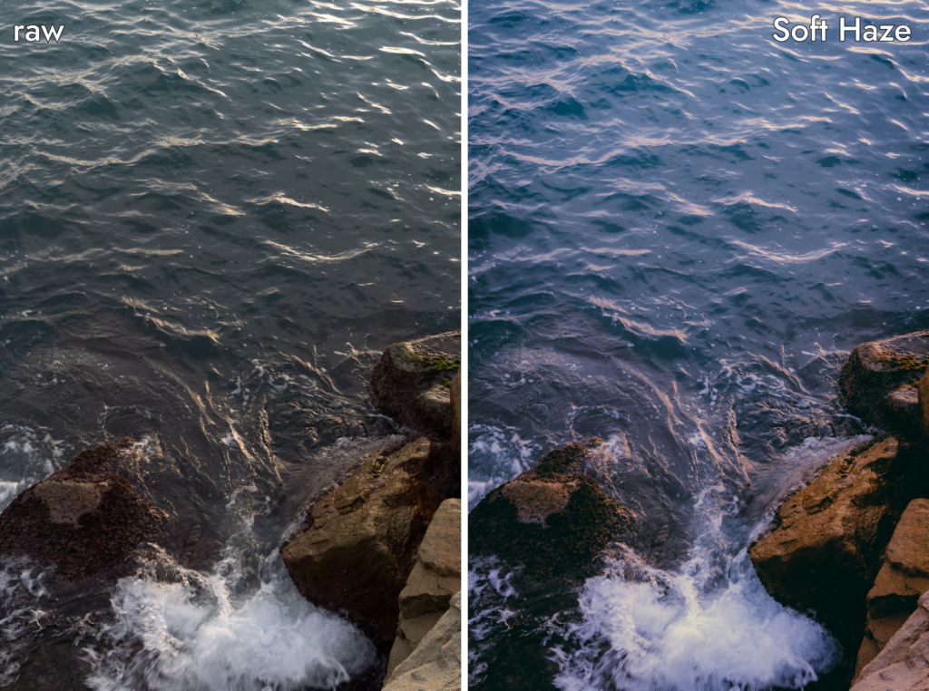 Sea and rocks before and after editing in Lightroom with Soft Haze preset from Cinematic Atmosphere Preset Collection