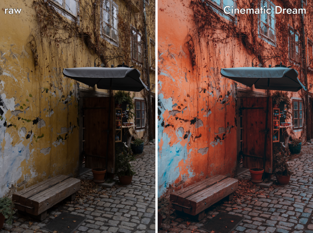 Street photo before and after editing in Lightroom with Cinematic Dream preset from Cinematic Atmosphere Preset Collection